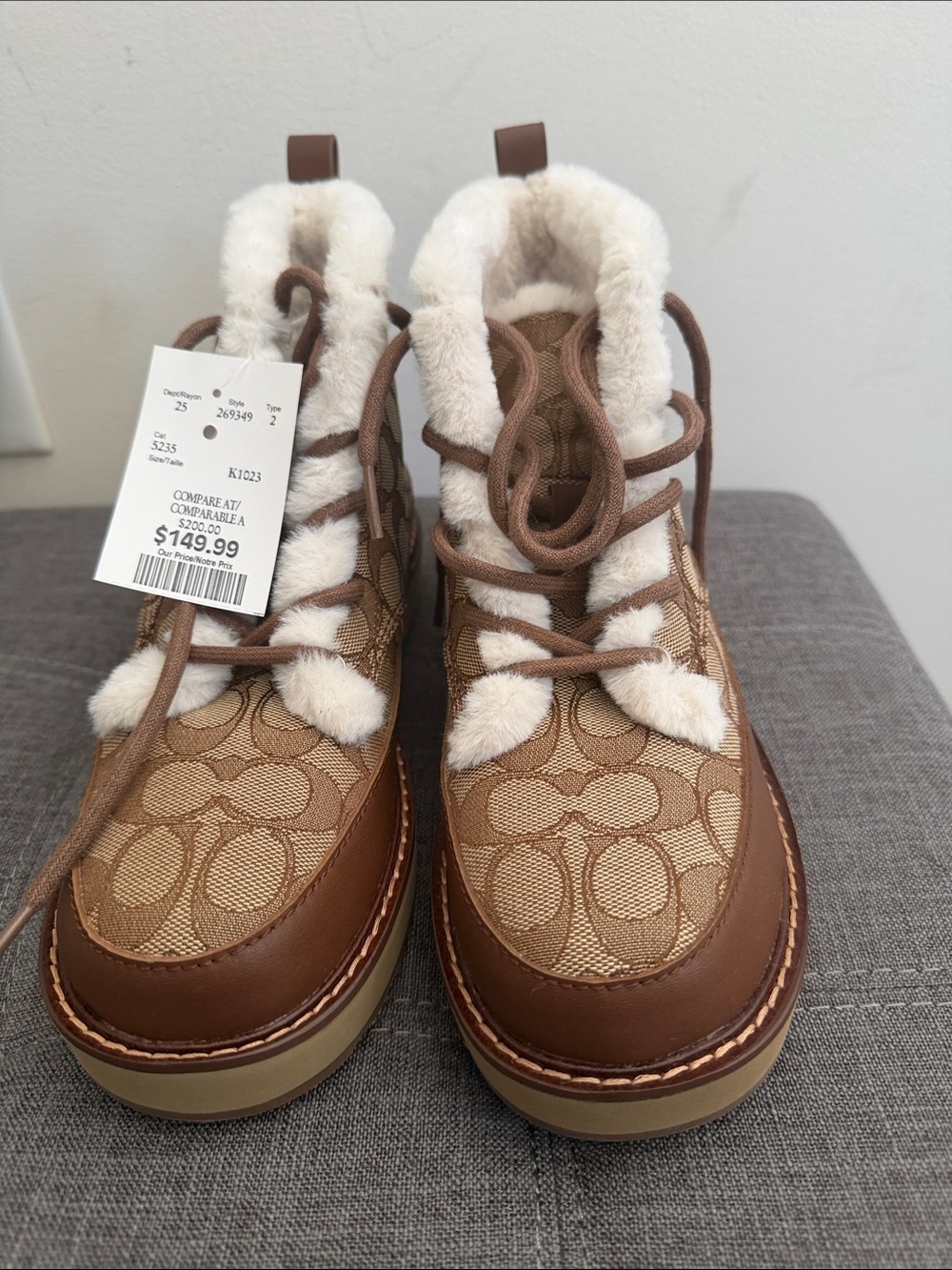 NWT Coach Tan & Brown Signature Logo Faux-Fur Lace-Up Boots